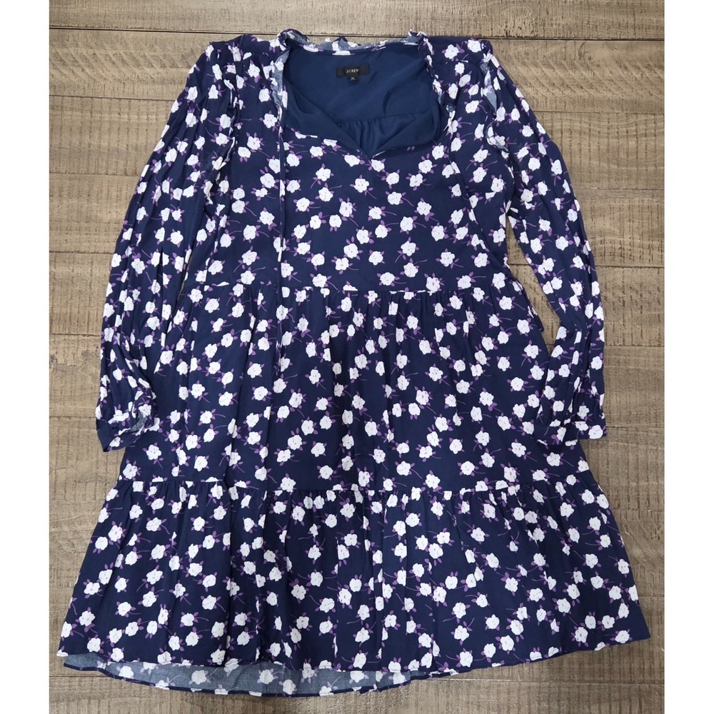 J.Crew Navy Blue/White/Purple Tie-Neck Tiered Dress Scattered Peony Print Medium - Picture 4 of 7